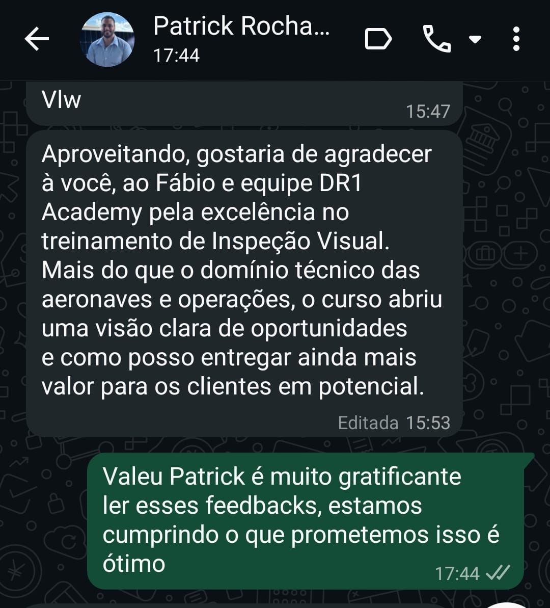 Mensagem real de Patrick Rocha sobre o treinamento de Inspeção Visual da DR1 Academy