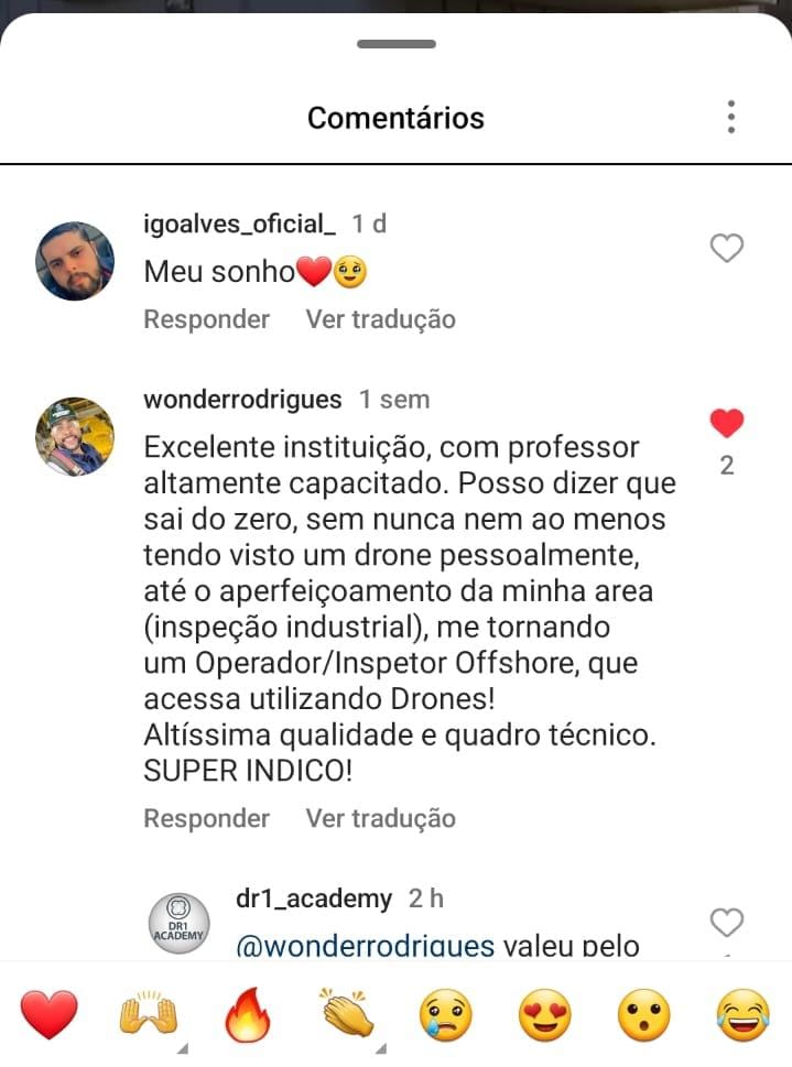 Comentário real de @wonderrodrigues no Instagram elogiando a formação da DR1 Academy